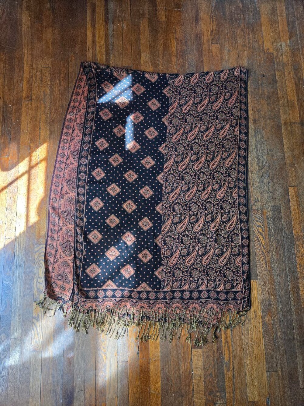 Reversible Black and Orange Paisley Jacquard Boho Shawl/ Scarf